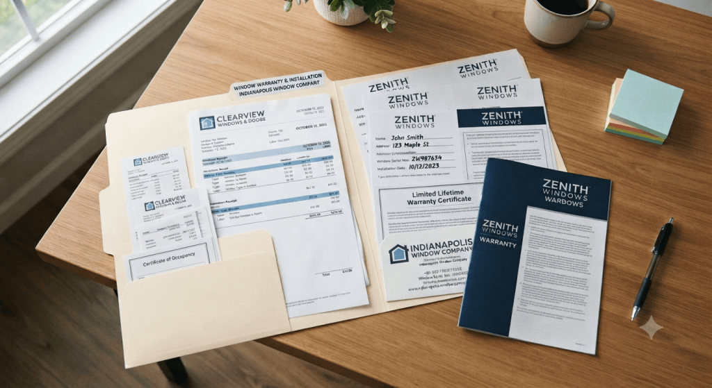 Window Warranties in Indianapolis: What Indiana Homeowners Must Demand Before Signing A folder of window installation receipts and warranty registration cards laid out on a desk
