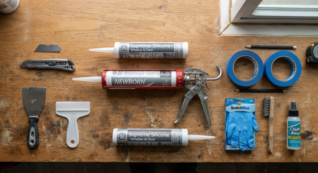a caulk gun, utility knife, painter's tape, and silicone caulk tubes arranged neatly on a wood workbench, bright overhead workshop lighting, top-down flat lay angle. 

