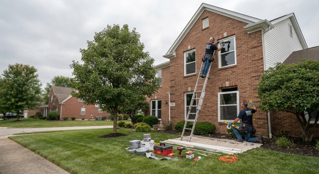 two window installers working on the exterior of a brick suburban home on a cloudy day