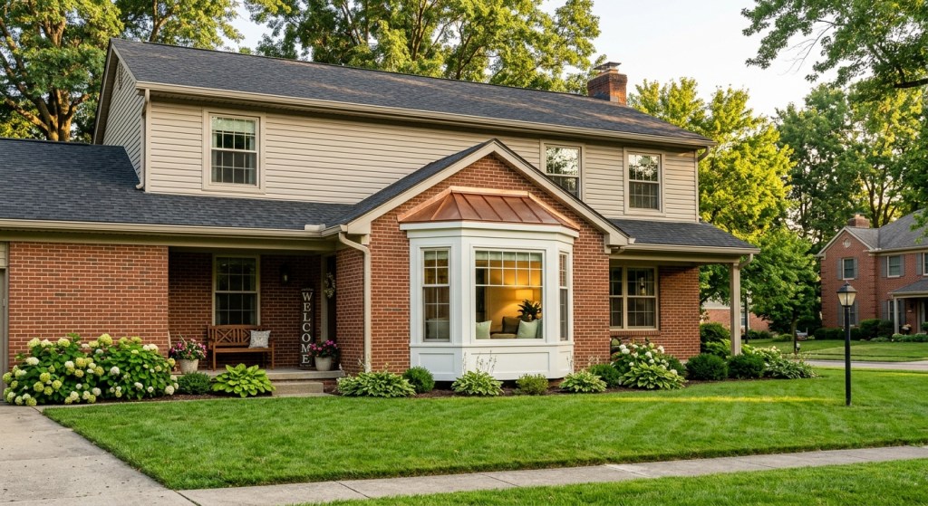 brick suburban home in Indianapolis with a newly installed projecting bay window, warm afternoon sunlight, front-facing wide-angle shot, lush green lawn. 