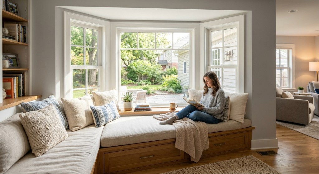 bright interior window seat inside a bay window nook, plush cushions, white trim, warm morning sunlight streaming in, eye-level camera angle. 